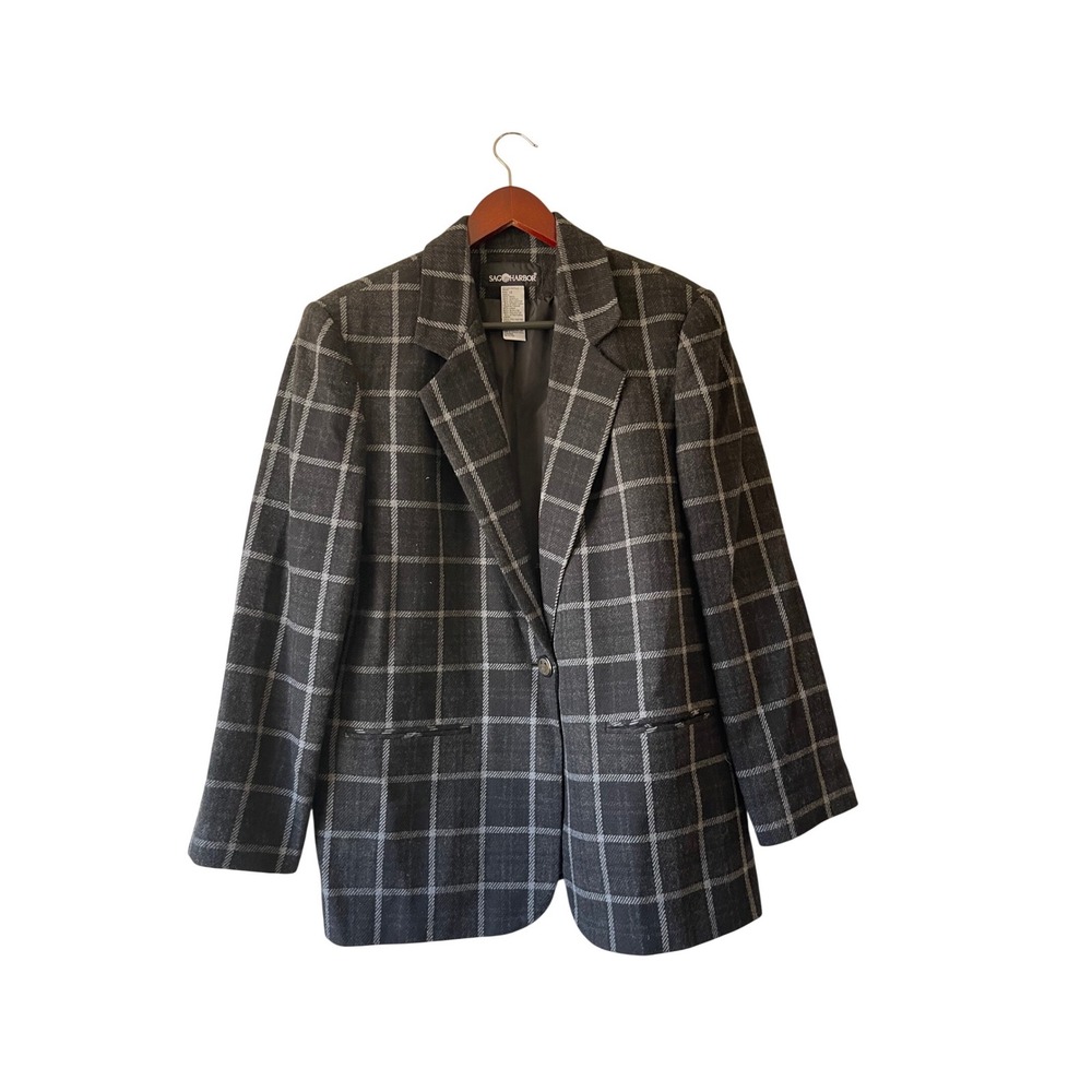 Vintage Sag Harbor Womens Grey Windowpane Plaid Wool Blend Blazer Jacket Size 12